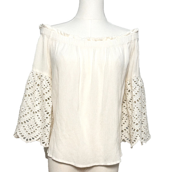 1. State Cream Off Shoulder Crepe Exaggerated Eyelet Sleeve Flowy Boho Top Large - Picture 1 of 7